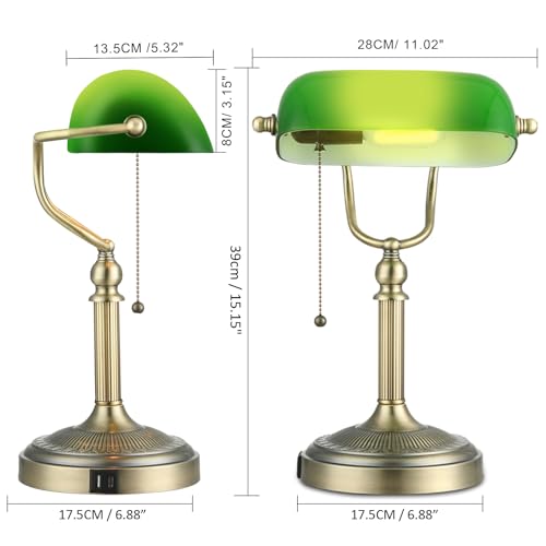 Green Glass Bankers Desk Lamp with USB Fast Charging Port