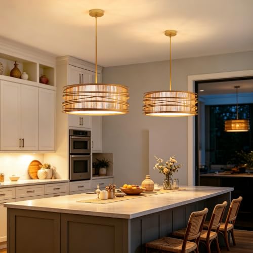 5 Light Rattan Drum Chandelier 19.7'' Boho Gold Pendant Light