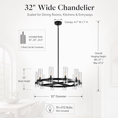 32 Inch Black Cross Wagon Wheel Chandelier with Glass Shades