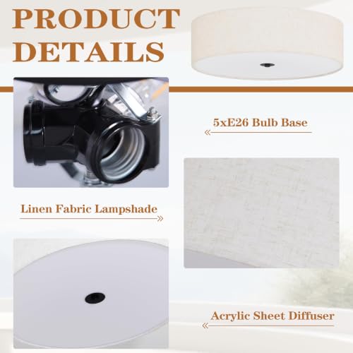 20" Modern Fabric Ceiling Light Black Classic Drum Light Fixture 5