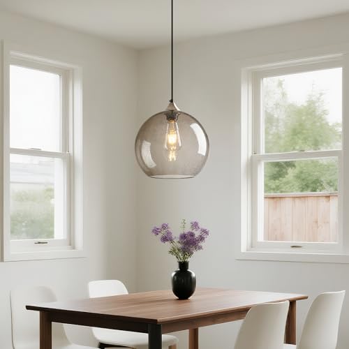 Light Grey Glass Pendant Lights Kitchen Island Globe Pendant Light Fixtures Modern Pendant Lighting for Bedroom Living Dining Room Light Fixture (3 Count)