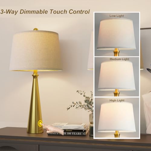 25.75" 3 Way Dimmable Touch Control Modern USB Table Lamp Set of 2 for Living Room Bed Room Bedside Nightstand Lamps Fabric Shade Vintage Accent Light Gold Antique Brass (2 Count)