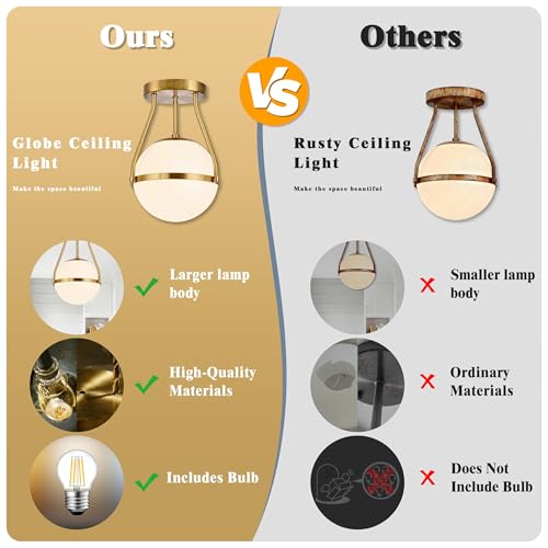 Globe Semi Flush Mount Ceiling Light Mid Century Modern Globe Ceiling Light Fixture with Milk Glass Shade Brass Finish for Living Room Hallway Kitchen Island Dining Room Laundry