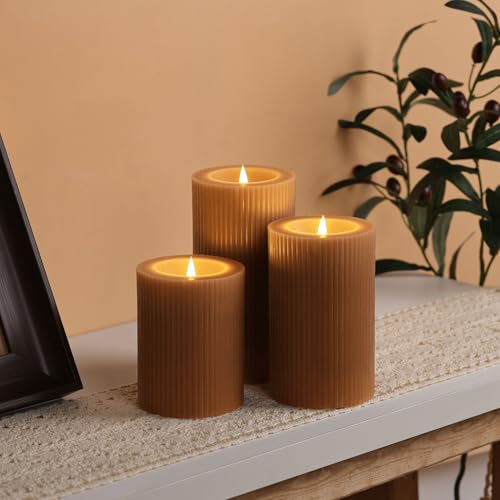 Brown Ribbed Moving Flame Flameless Pillar Candles with Remote (Warm Brown)