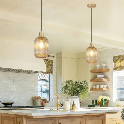 1 Pack Pendant Lights with Vintage Amber Ribbed Glass Lampshade