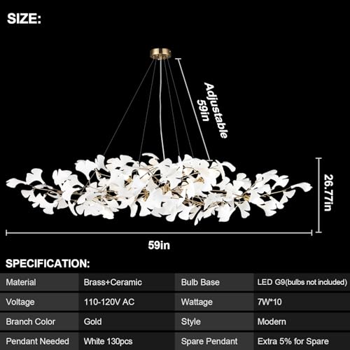 59 Inch Modern Rectangle Chandelier Ceramic Ginkgo Leaf Chandeliers Large Brass Chandeliers White Chandelier for Dining Room Living Room