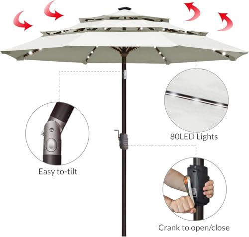 USA 10-Year-Non-Fading 9ft 3-Tier Market Patio Umbrella, Commercial Table Umbrella with 80 Solar LED Lights, Crank Open, Windproof & UPF 50+ UV Protection for Garden, Deck, Pool, Backyard, White