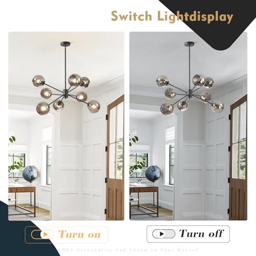 8 Lights Mid Century Modern Matte Black Chandelier Glass Globe Sputnik Chandelier Large Smoke Gray Ball Sputnik Hanging Pendant Light Kitchen Island Living Room Dining Room Bedroom Light Fixture