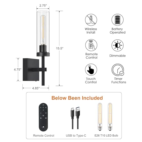 Black Wireless Wall Sconces with Remote Control (2 Count)
