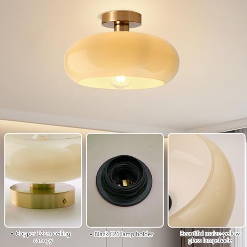 Brass Flush Mount Ceiling Light Mid Century Modern Ceiling Light fixtures Brushed Gold Milk Yellow Glass Semi Flush Mount Ceiling Light Farmhouse Hallway Dining Room Ceiling Lamp