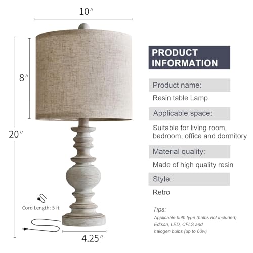 Tradition 20" Rustic Table Lamp Set of 2 for Living Room Bedroom Bedside Desk Lamps Bedroom Nightstand Vintage Lamps Linen（Suitable for Decorating Small Areas） (2 Count)