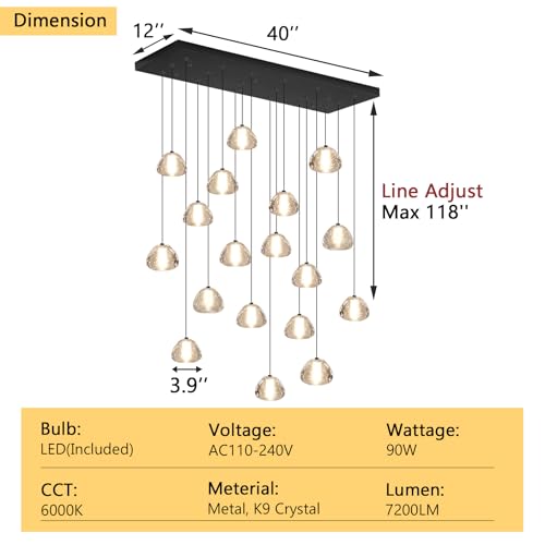 Crystal Rectangular Chandeliers for Living Room Dining Room Light LED Pendant Lights Fixtures Lighting Chandelier for Foyer Entrance Black