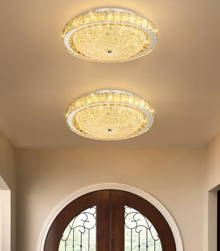 15.7" Modern Crystal Chandelier Dimmable LED Flush Mount Ceiling Light with Remote Control for Living Room Dining Room Bedroom Hallway Foyer Silver