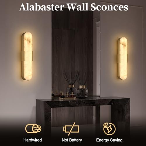 20in Alabaster Wall Sconce Set of 2 Gold 3CCT Marble Wall Light