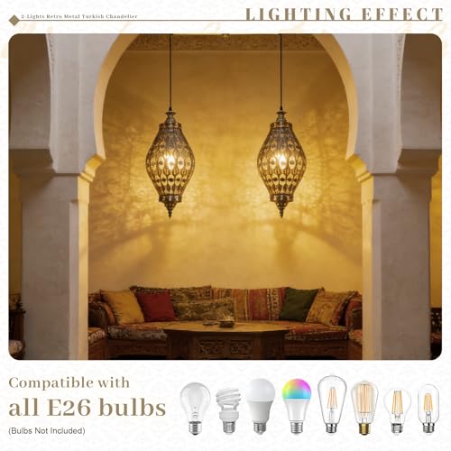 2 Light Linear Pendant Retro Metal Hanging Chandelier Brushed Brass
