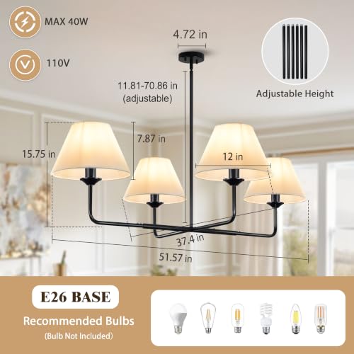 51" Black Dining Room Chandelier with Fabric Shade