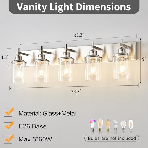 5 Light Brushed Nickel Bathroom Light Fixture Over Mirror Modern Bathroom Vanity Light Vintage Wall Lighting with Clear Glass Shade for Bathroom