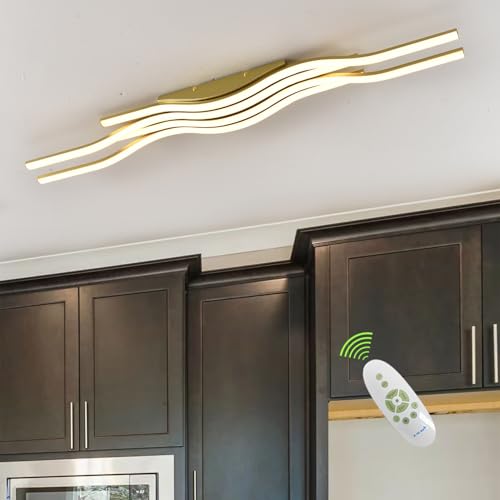 Gold Modern Light Fixture Flush Mount Led Ceiling Lights Dimmable Close to Ceiling Light Fixture with Remote Modern Dining Room Light Fixture for Hallway