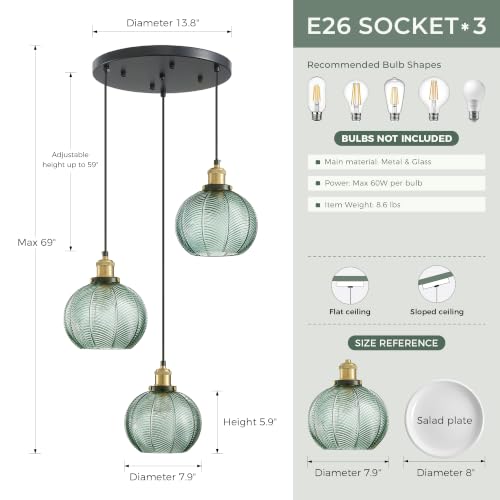 3 Light Vintage Green Striped Glass Cluster Pendant Light