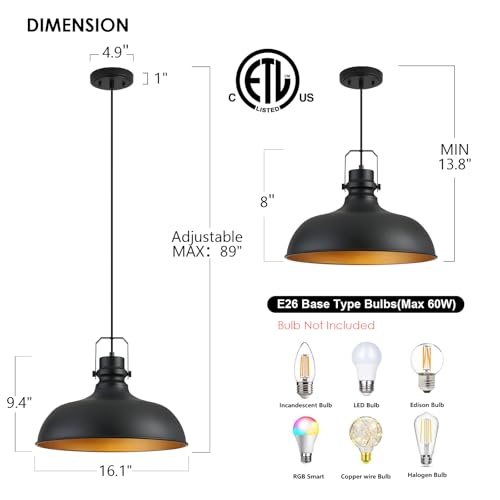 Black Farmhouse Pendant Lights for Kitchen Island 16 Inch