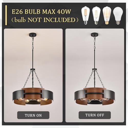 24" 6 Light Industrial Drum Chandelier with Red Walnut Grain