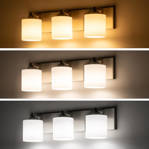 3 Light Brushed Nickel Bathroom Vanity Light with White Glass Shades
