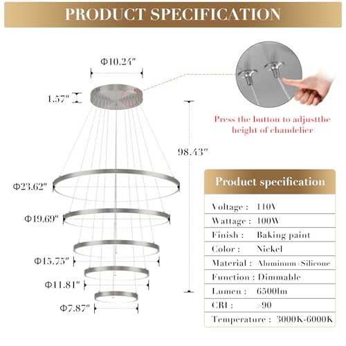 5 Rings Brushed Nickel Ring Chandeliers Moedrn LED Chandeliers Dimmable Foyer Chandelier for High Ceiling Dimmable Contemporary Nickel Chandelier for Living Room Staircase Entryway