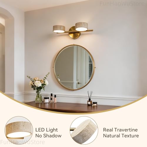 Led Bathroom Lighting Fixtures Over Mirror with 2 Travertine Shades