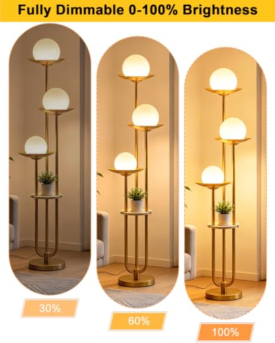 3 Light Globe Floor Lamp with Shelf Modern Dimmable Floor Lamps for Reading (3 Count)