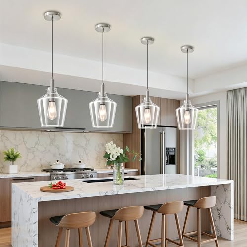Glass Pendant Lighting for Kitchen Island Foyer 2 Pack Nickel Clear 8 Inch (2 Count)