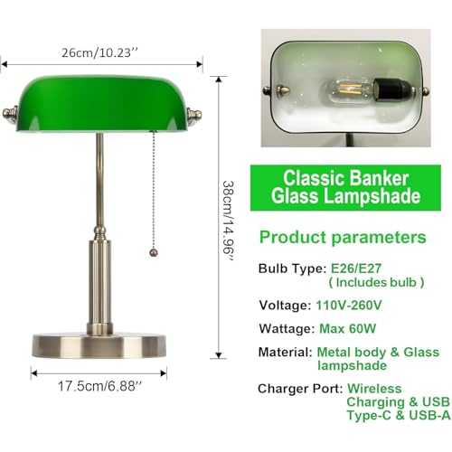 Glass Bankers Desk Lamp with Wireless Charger