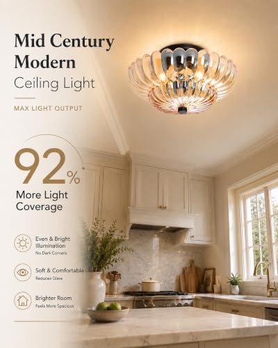 Semi Flush Mount Ceiling Light Fixture 11.8" Vinatge Black Ceiling Lights Amber Mid Century Modern Glass Close to Ceiling Lighting Fixtures for Bedroom Hallway Foyer Bathroom Kitchen Entryway
