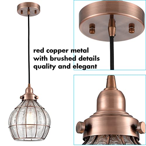 Kitchen Pendant Light Red Antique Copper with Cracked Glass Shade
