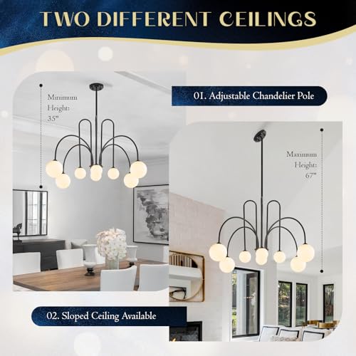 Black Sputnik Chandelier with Milk Glass Globe 8 Lights L41 Inch