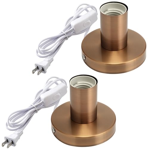 2 Pcs Polished Metal Desktop Lamp Base E26 E27 Screw Light Bulb Holder Sockets Night Light Base Lamp Replacement for Holding Bulb 6 Feet Cord on Off Switch Plug (2 Count)