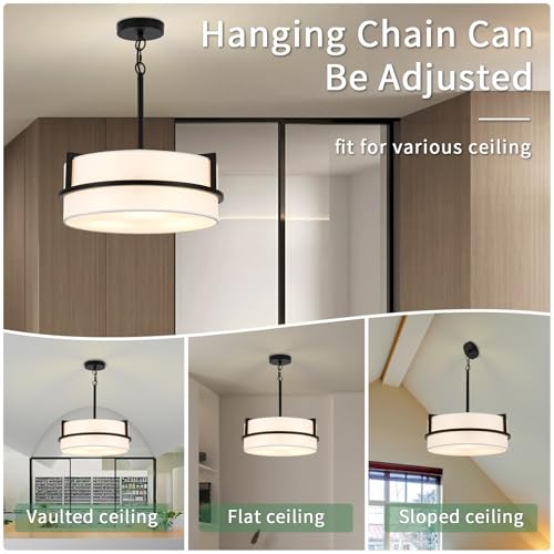 Modern Drum Chandelier for Dining Room 3 Light,15.7" Wide White Linen Drum Shade Ceiling Light Fixture,Pendant Lighting with Adjustble Hang Height Chandelier for Kitchen Islands Living Bedroom
