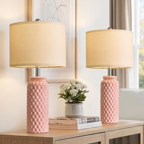 24" Modern Ceramic Pink Bedside Lamp Set of 2 Table Lamp for Bedroom Decor Farmhouse Table Lamp for Living Room Office Dorm (2 Count)