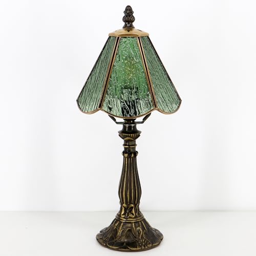 Small Tiffany Table Lamp Pink Bark Pattern Style Stained Glass Desk Lamps 6X6X14 Inch Bronze Resin Base Antique Mini Accent Light
