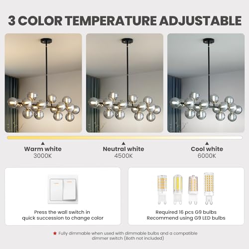 16 Lights Mid Century Modern Chandelier Black Linear Chandelier Light Fixtures Glass Globe Sputnik Pendant Light for Dining Room Kitchen Island