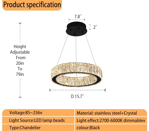 Modern LED Dimmable Crystal Chandelier 15.7in Black Ring Pendant Light Adjustable Round Crystal Chandelier Light for Dining Room Living Room