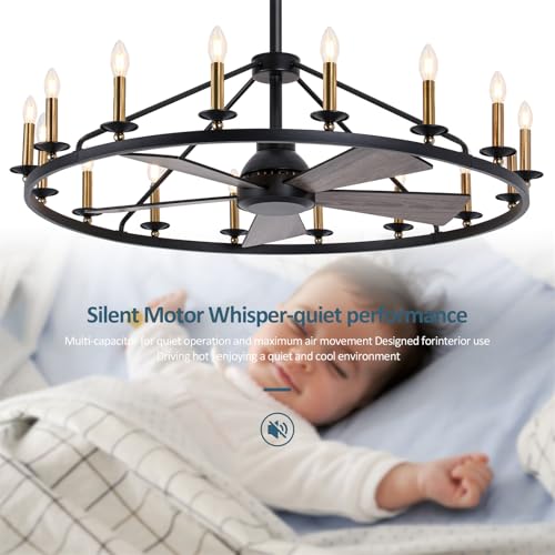 44" Black+Gold Wagon Wheel Chandelier with Fans