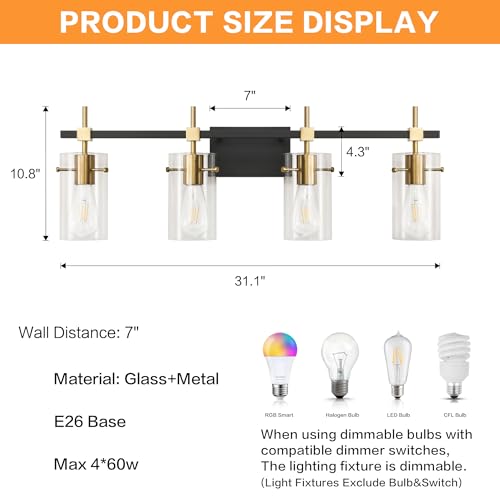 Farmhouse Brass Bathroom Vanity Lights fixtures Over Mirror Vintage Bathroom Lighting Wall Sconce with Glass Shade 4 Lights