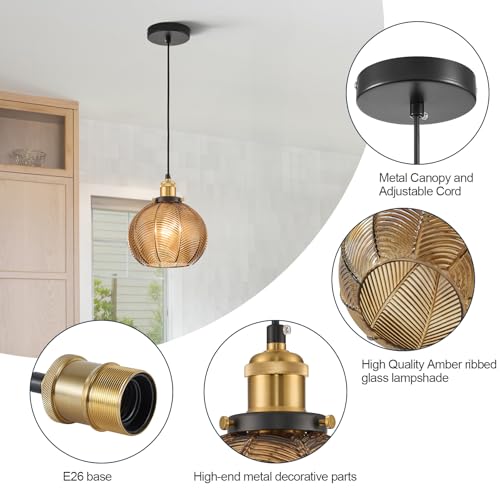 Vintage Amber Glass Pendant Lights for Kitchen Island E26 Base