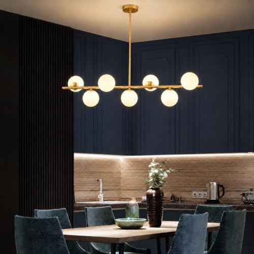 Globe Modern Sputnik Chandeliers for Dining Room Chandelier, 7-Light Dining Room Light Fixture Over Table, Mid Century Linear Chandelier Gold and Milk White Bubble, 43.3 Inch (Bulbs not Included)
