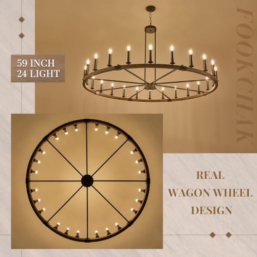 Farmhouse Wood Wagon Wheel Chandelier 24 Light Large Round Chandelier 59"