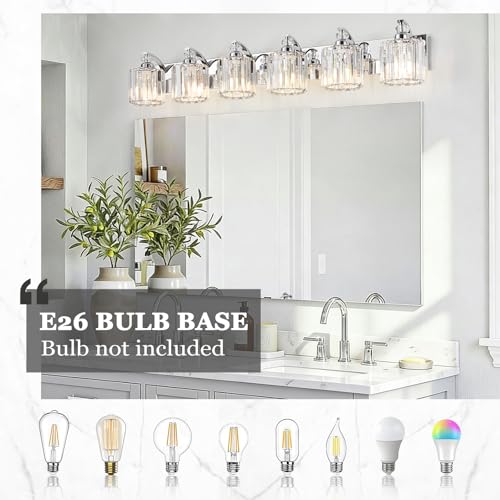 6 Light Modern Bathroom Light Fixture Chrome Vanity Lights Over Mirror Wall Sconce Lighting with K9 Crystal Shades Bathroom Wall Lamp E26 Base for Bedroom