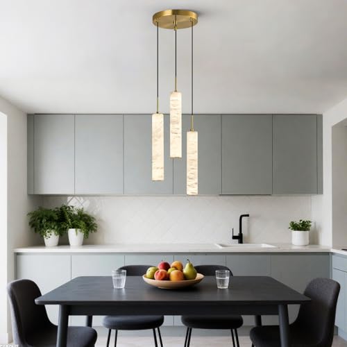 Natural Alabaster Pendant Lights for Kitchen Island White Marble Long Tube Chandelier 4000K Modern Gold Ceiling Light Fixtures for Bedroom Dining Room Table Living Room Hallway