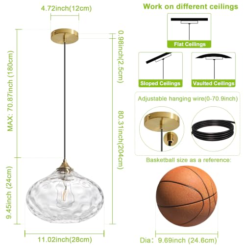 11in Gold Pendant Lights Kitchen Island with Hammered Clear Glass Shade 1PC