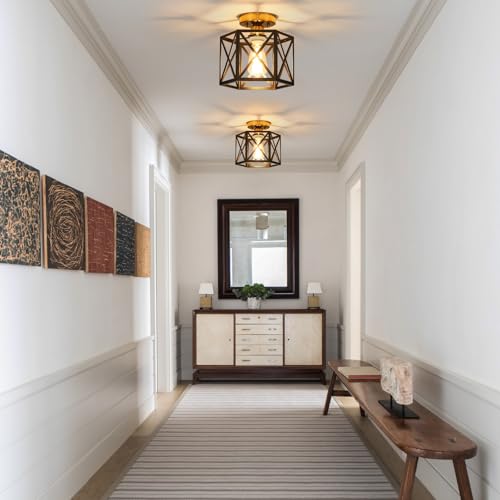 Modern Farmhouse Black and Gold Semi Flush Mount Ceiling Light 9.5 in