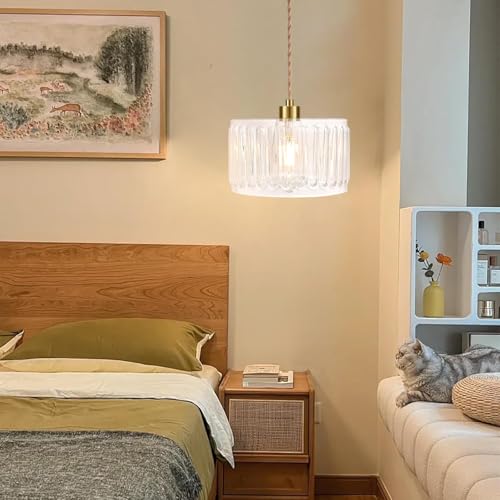 Glass Plug in Pendant Light Hanging Lights with Plug in Cord Milk White Hanging Lamp Gold Dimmable Mid Century Modern Plug in Chandelier Ceiling Fixture for Living Room